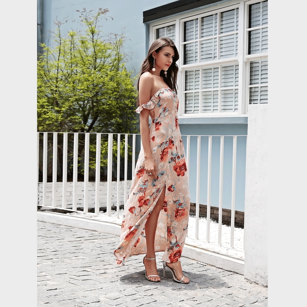 Boho Floral Off Shoulder Maxi High Slit Dress - Picture 3 of 7
